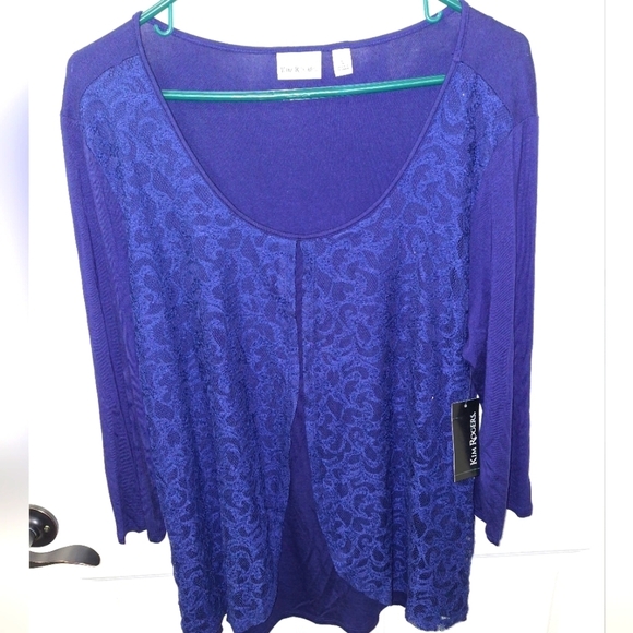Kim Rogers 3/4 sleeve flyaway navy whimsy top in a size large. NWT. - Picture 1 of 6
